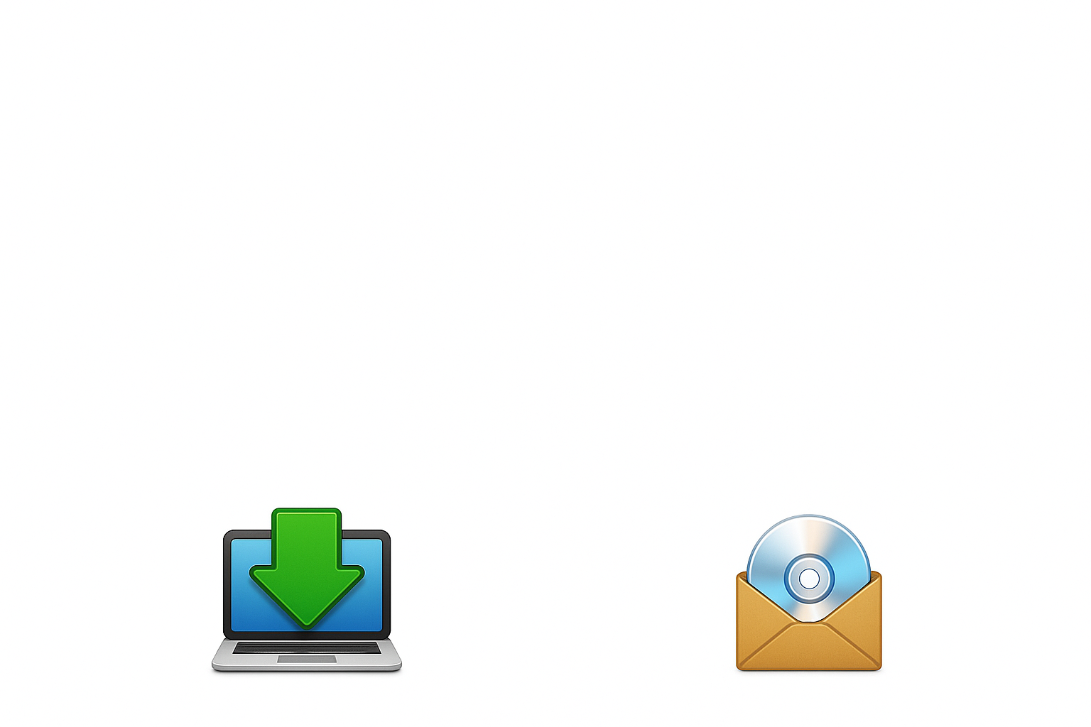 Links ein Laptop-Icon mit großem grünem Pfeil nach unten als Symbol für Sofort-Download, rechts ein silberner DVD-Datenträger, der halb aus einem braunen Umschlag ragt und den Versand einer physischen DVD darstellt.