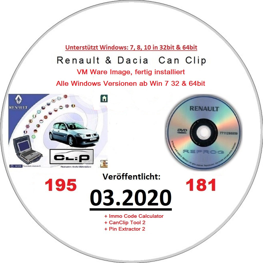 Renault Dacia CanClip 195 + Reprog 181 von 03.2020 plus CanClip Tool 2.6, Pin Extractor 2 und RENAULT IMMO calculator