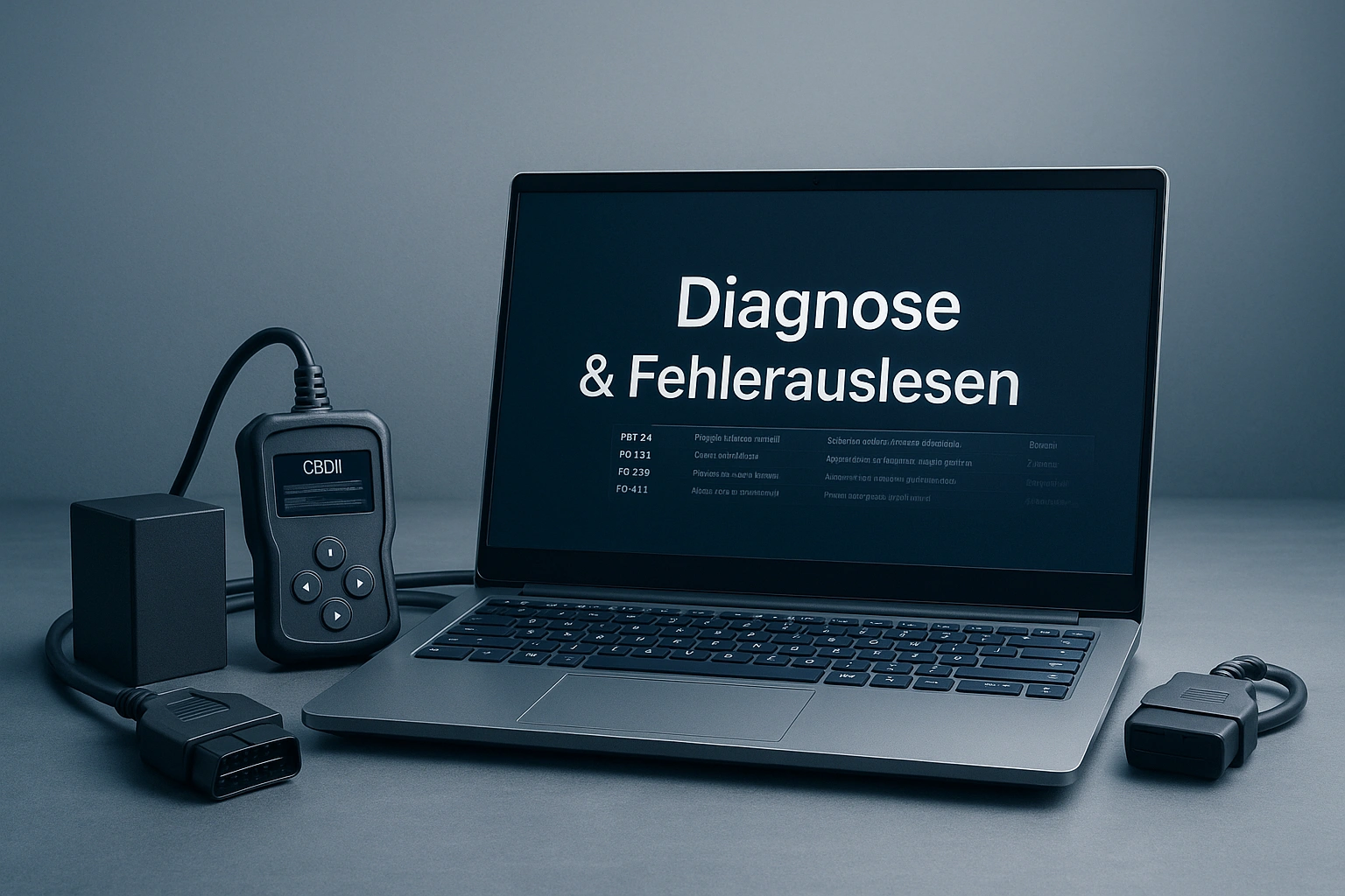 Silbernes Laptop zeigt Schrift „Diagnose & Fehlerauslesen“, daneben OBD-II-Handscanner und leere schwarze Box; kühles Blau-Grau-Farbkonzept – ultrafotorealistisches Titelbild für reine Diagnose­programm-Kollektion
