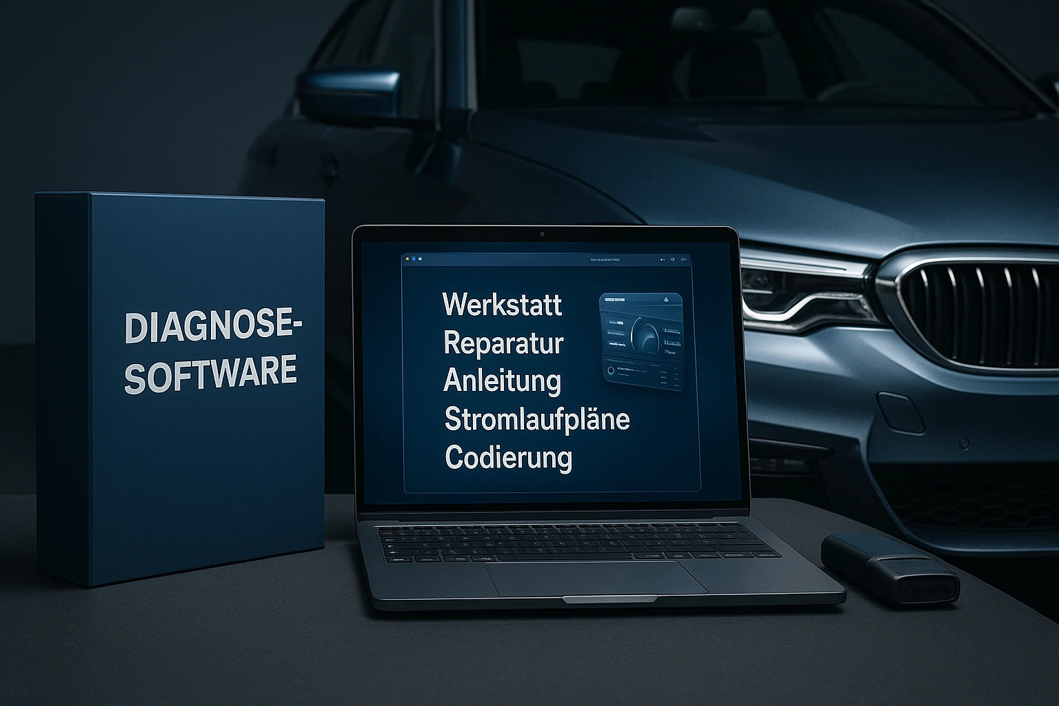 Luxuslimousine neben Laptop mit „Werkstatt · Reparatur · Anleitung · Stromlaufpläne · Codierung“ und dunkelblauer Box „Diagnose-Software“.