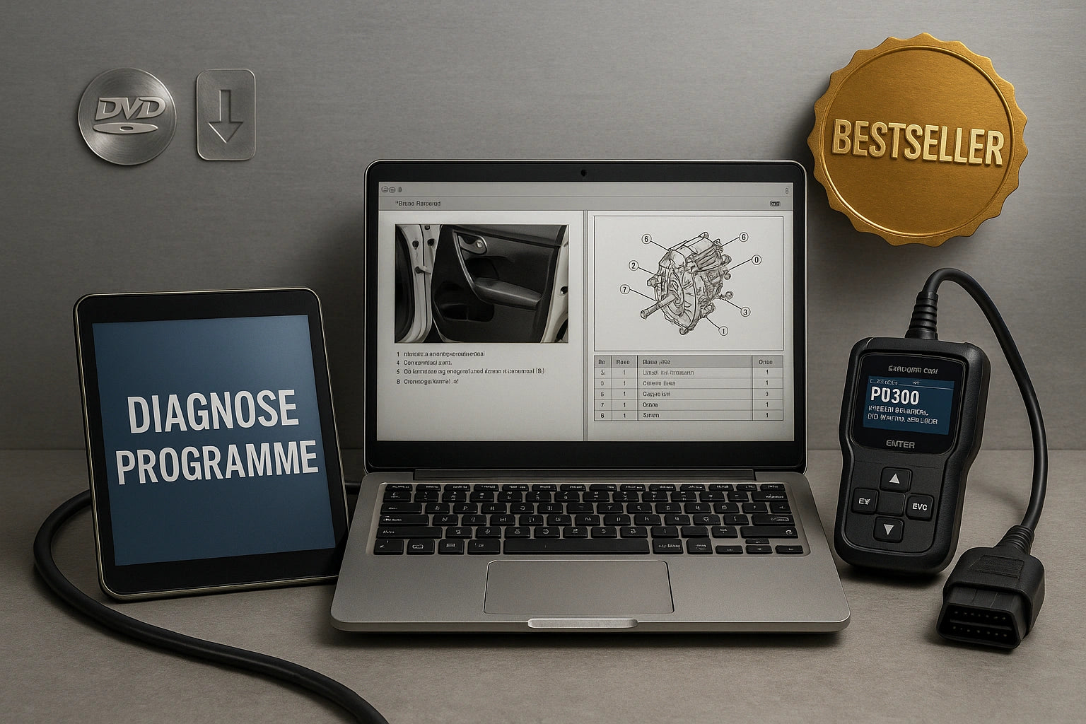 Silberner Laptop mit Reparaturleitfaden, Tablet „Diagnose Programme“, OBD2-Scanner + DVD- & Download-Symbol, Bestseller-Badge.