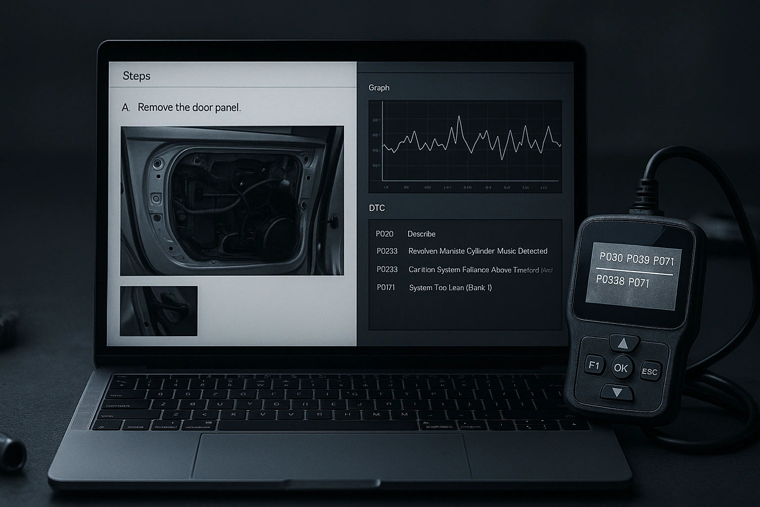 Silberner Laptop mit Kfz-Diagnose- und Werkstattsoftware plus OBD2-Scanner auf Werkbank – Fehlercodes auslesen, Reparaturleitfaden, Teilekatalog.