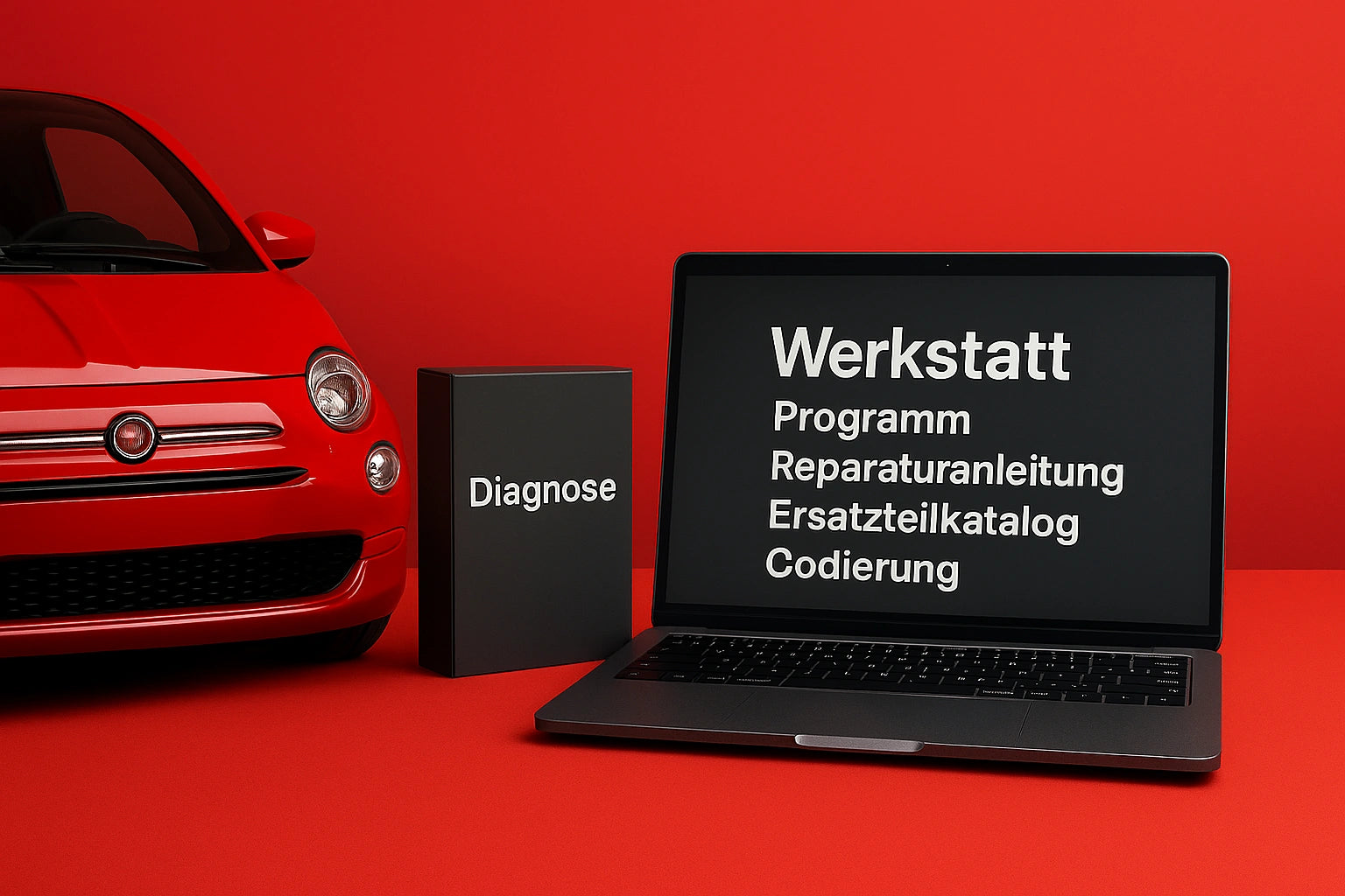 Roter Kleinwagen neben schwarzer Box „Diagnose“ und Laptop-Display mit „Werkstatt, Programm, Reparaturanleitung, Ersatzteilkatalog, Codierung“.