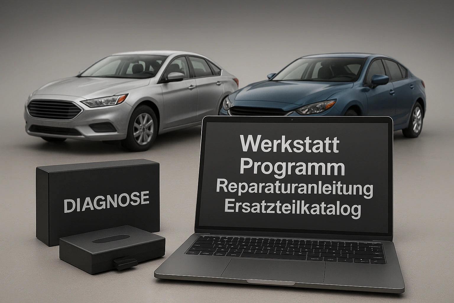 Silberne und blaue Limousine ohne Markenlogos hinter Box „Diagnose“; Laptop mit mittig ausgerichtetem Text „Werkstatt, Programm, Reparaturanleitung, Ersatzteilkatalog“.