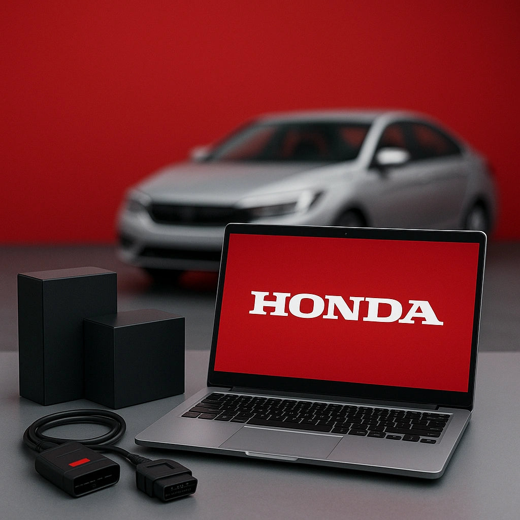 Silberner Honda-Limousinen-Silhouette unscharf auf rotem Hintergrund; vorn Laptop mit weißem „HONDA“-Schriftzug, zwei leere schwarze Boxen und OBD-II-Scanner – minimalistisches, fotorealistisches Titelbild für die Honda-Programmsammlung.