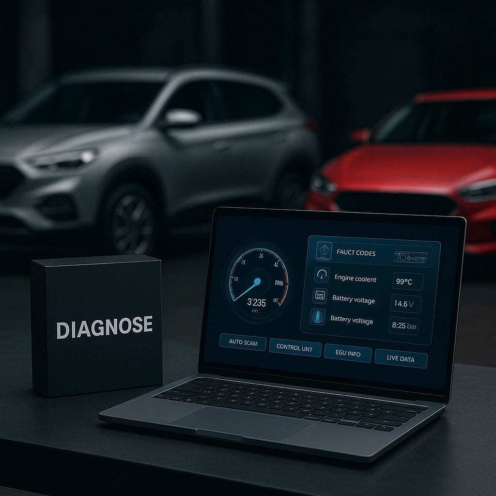 Grauer SUV und roter Limousinen-Sedan ohne Markenlogos in Werkstatt; Vordergrund mit schwarzer Box „Diagnose“ und Laptop, der Live-Fahrzeugdaten und Fehlercodes anzeigt.