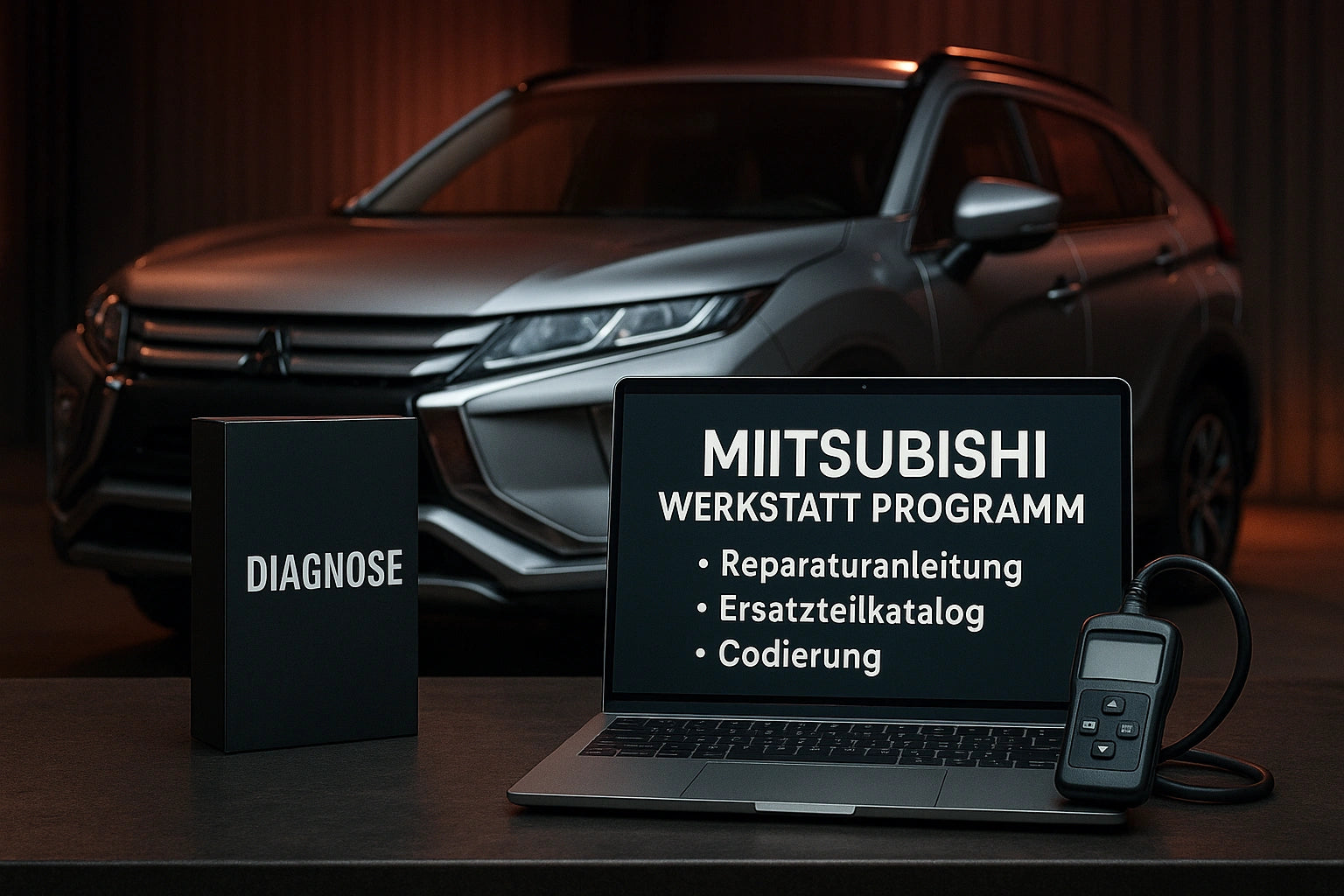 Grauer SUV ohne Markenlogo vor dunkelroter Werkstattkulisse; im Vordergrund schwarze Box „Diagnose“, Laptop mit Text „Mitsubishi Werkstatt Programm – Reparaturanleitung, Ersatzteilkatalog, Kodierung“ und angeschlossenem OBD-II-Scanner.
