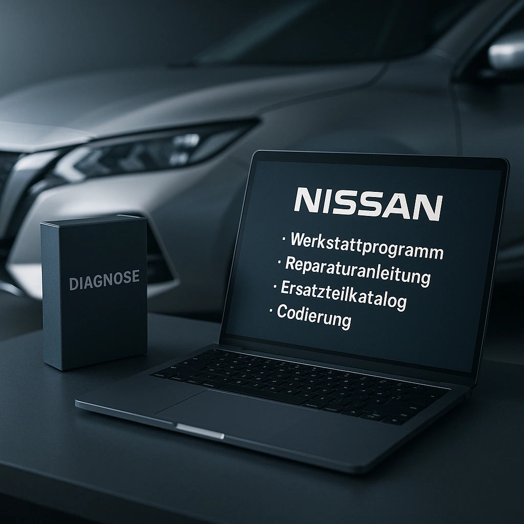 Laptop mit „Nissan – Werkstattprogramm, Reparaturanleitung, Ersatzteilkatalog, Codierung“ vor grauem Crossover; links schwarze Diagnose-Box, vorn OBD-Scanner.