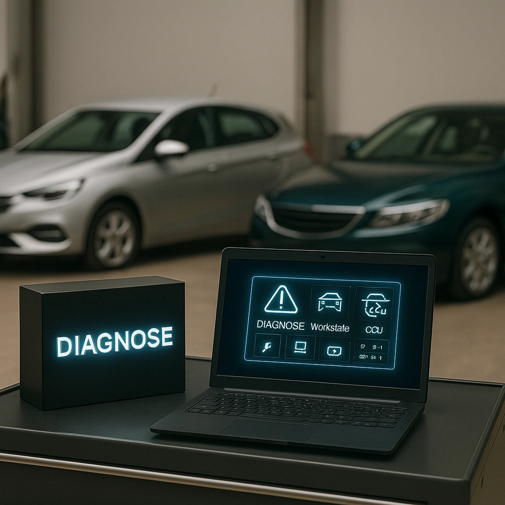 Silberner Opel-Look-Hatchback und grüner Saab-Look-Sedan in Werkstatt; davor eine leuchtende Box „Diagnose“ und Laptop mit holografischem Diagnose-Interface.