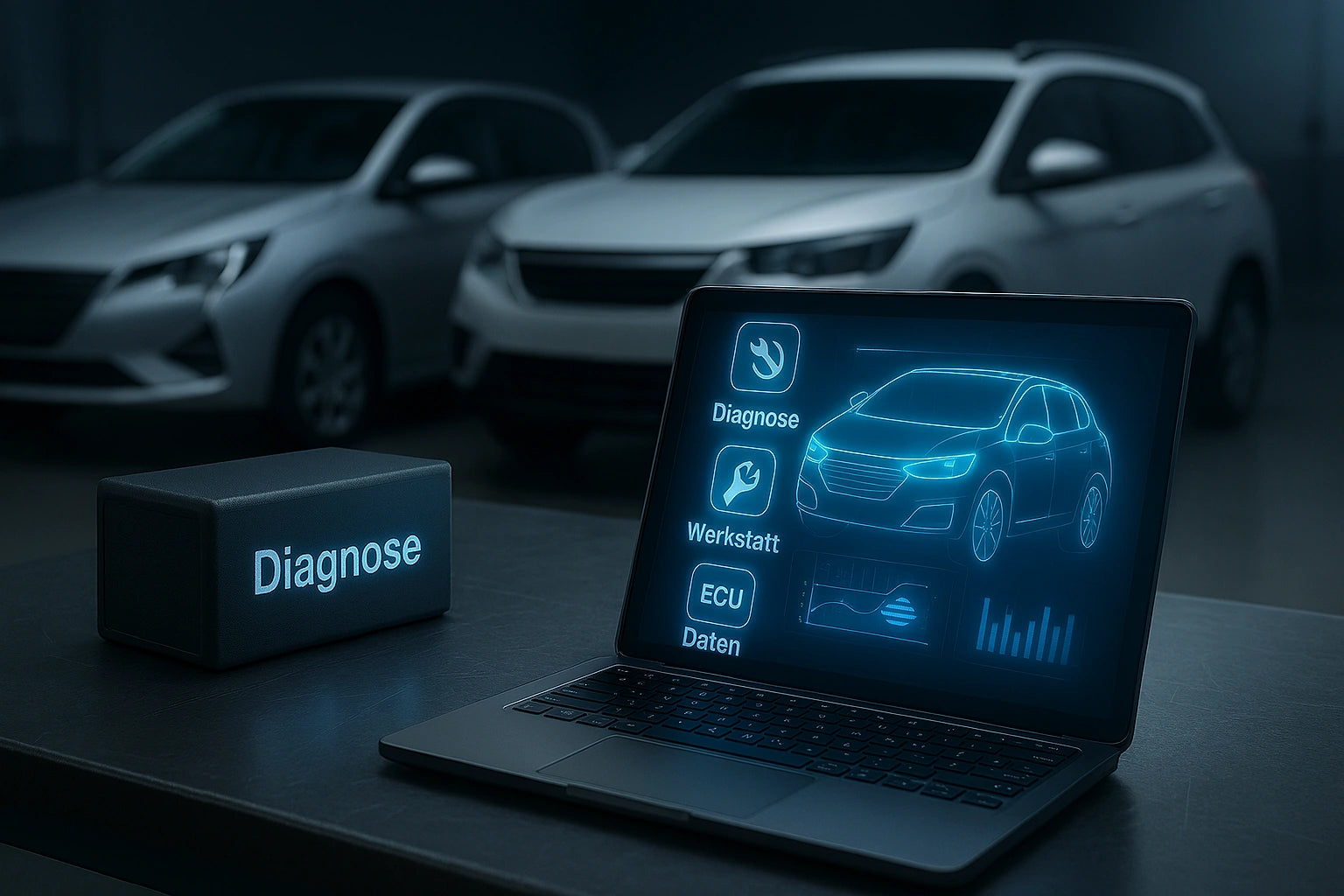 Silbergrauer Hatchback und weißer SUV ohne Markenlogos in Werkstattkulisse; Vordergrund mit leuchtender Box „Diagnose“ und Laptop, der holografische Diagnose-, Werkstatt- und ECU-Daten anzeigt.