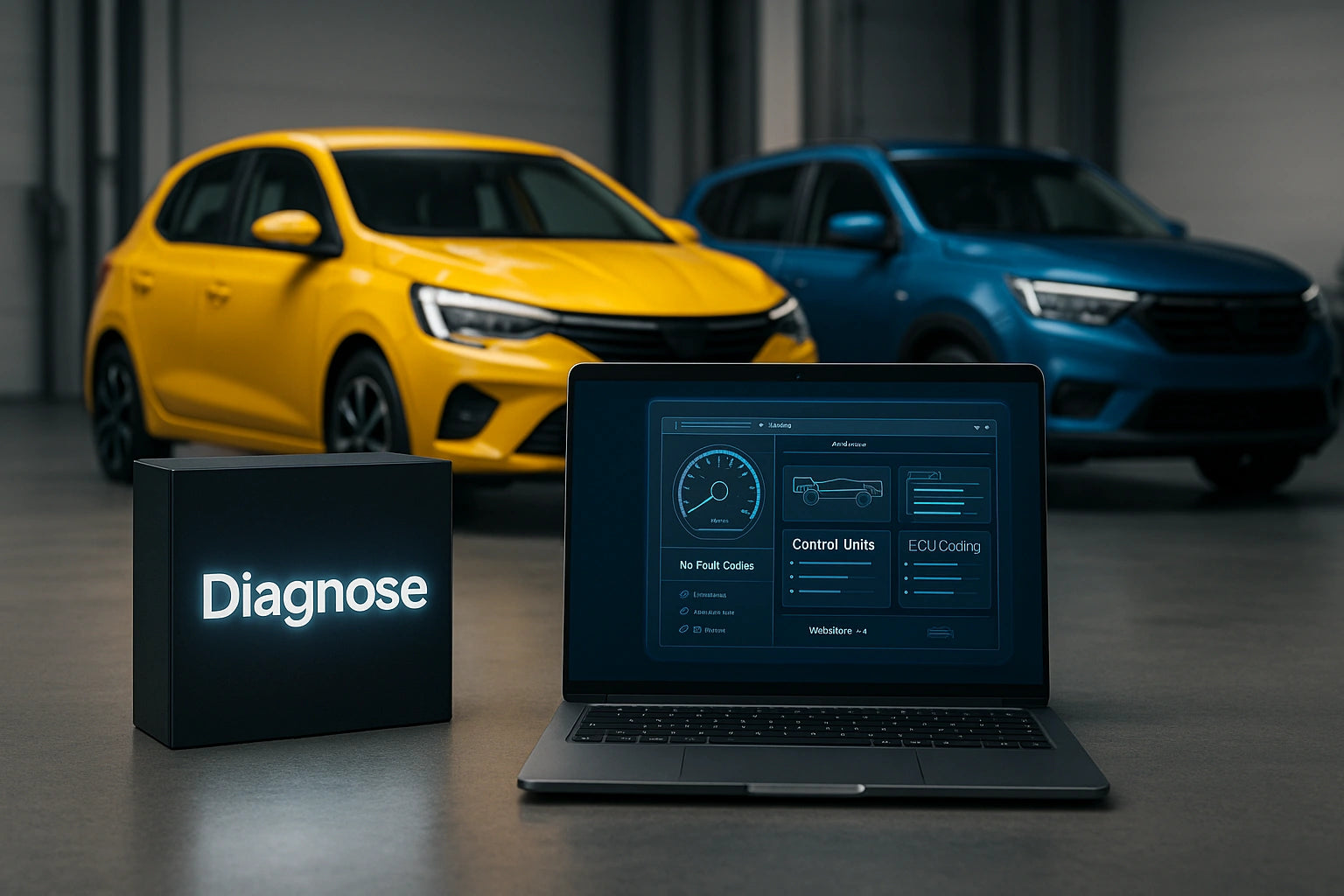 Gelber Hatchback und blauer SUV ohne Markenlogos in Werkstattkulisse; im Vordergrund leuchtende Box „Diagnose“ und Laptop mit moderner ECU-Diagnose-Oberfläche.