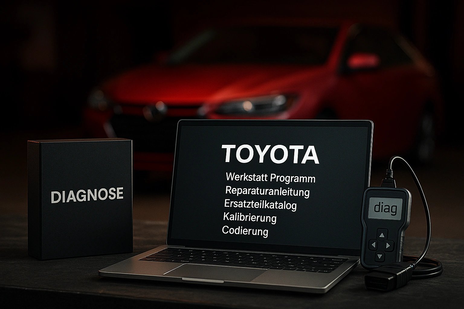 Laptop zeigt „Toyota – Werkstatt Programm, Reparaturanleitung, Ersatzteilkatalog, Kalibrierung, Codierung“, daneben Diagnose-Box und OBD-Scanner