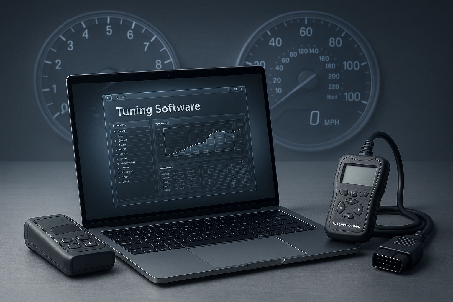 Silberner Laptop mit Tuning-Software, ECU-Flasher und OBD-Handgerät vor Tachometer-Grafik.