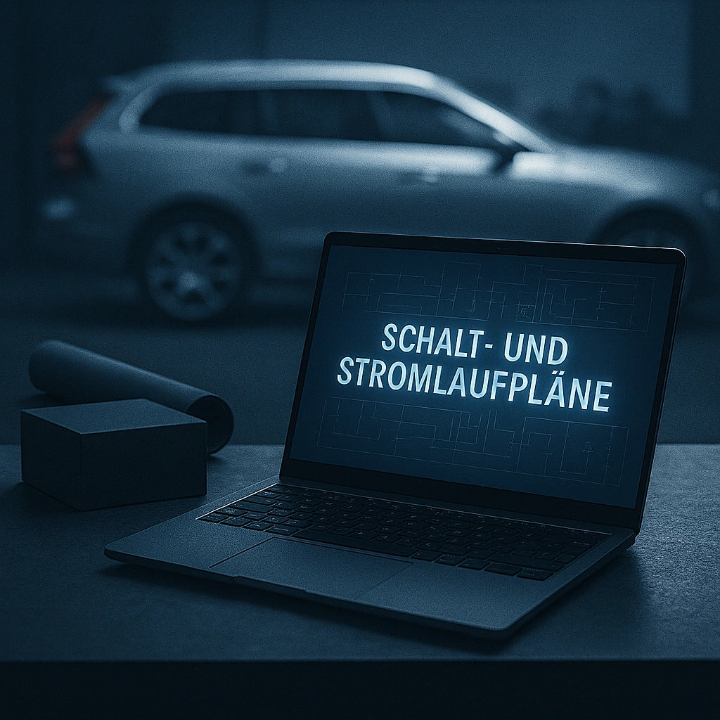 Laptop auf Werkbank zeigt Titel „Schalt- und Stromlaufpläne“, daneben schwarze Box und gerollter Plan; im Hintergrund unscharfer silberner Kombi, alles in kühlem Blau-Grau ausgeleuchtet