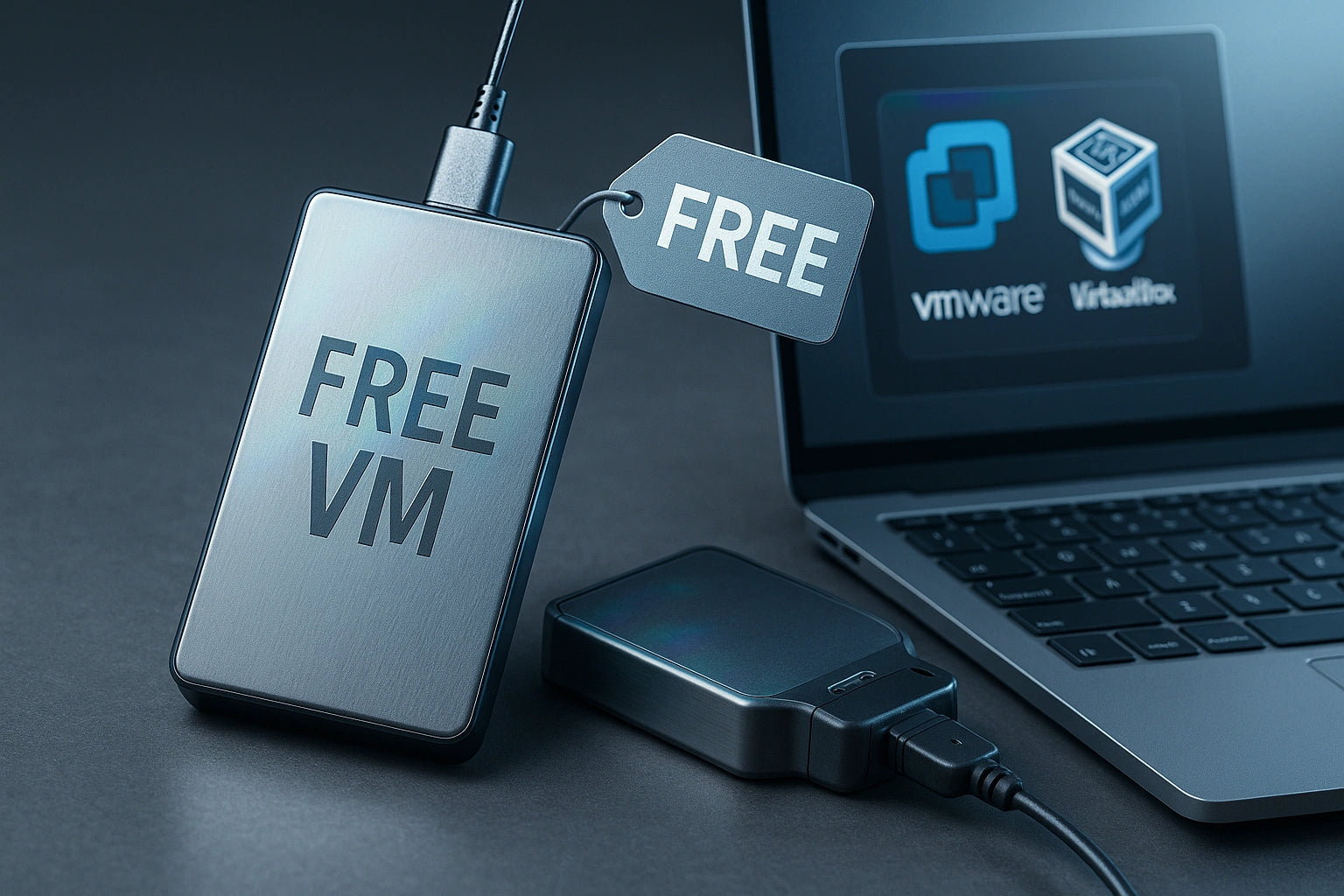 Silberne externe SSD mit „FREE VM“-Label und Preisschild, daneben Laptop mit VMware- und VirtualBox-Logos.