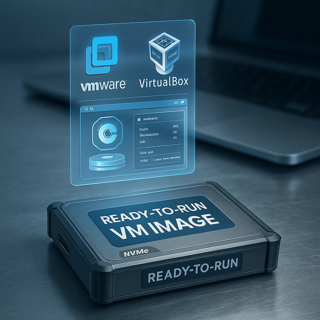 NVMe-Datenträger „READY-TO-RUN VM IMAGE“ mit holografischem VMware-/VirtualBox-Fenster und laufender Kfz-Diagnose-Software.