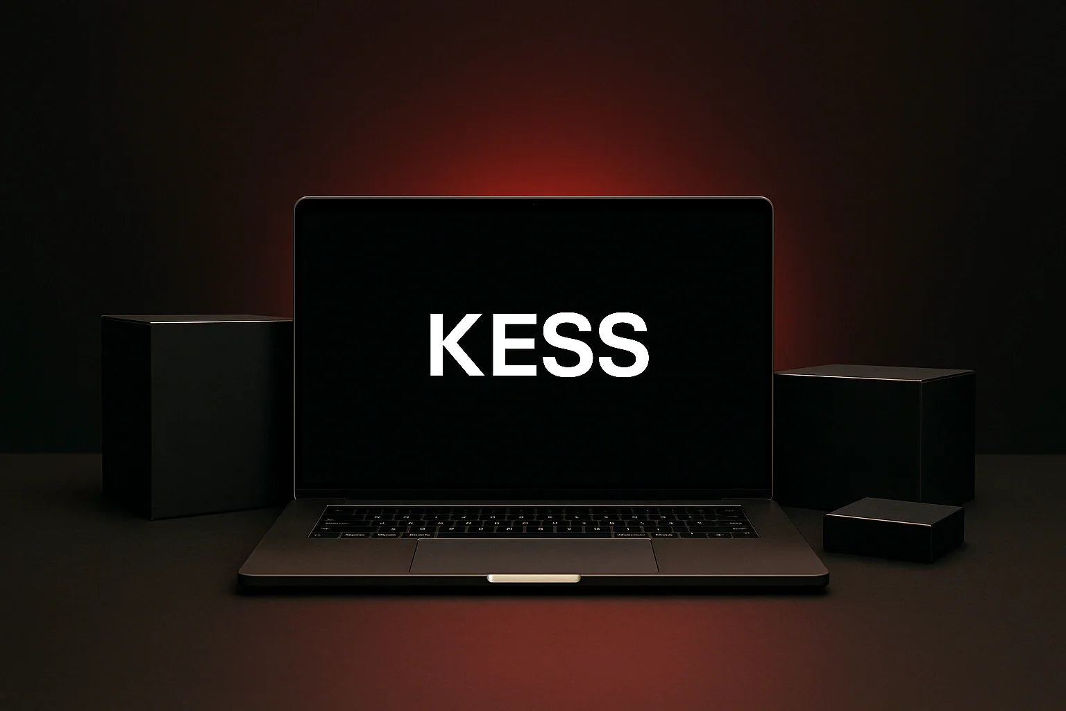 Heller ausgeleuchteter Laptop auf dunkler Oberfläche; Bildschirm zeigt „KESS“ in Weiß, links und rechts zwei leere schwarze Boxen, Hintergrund sanft rot aufgehellt.