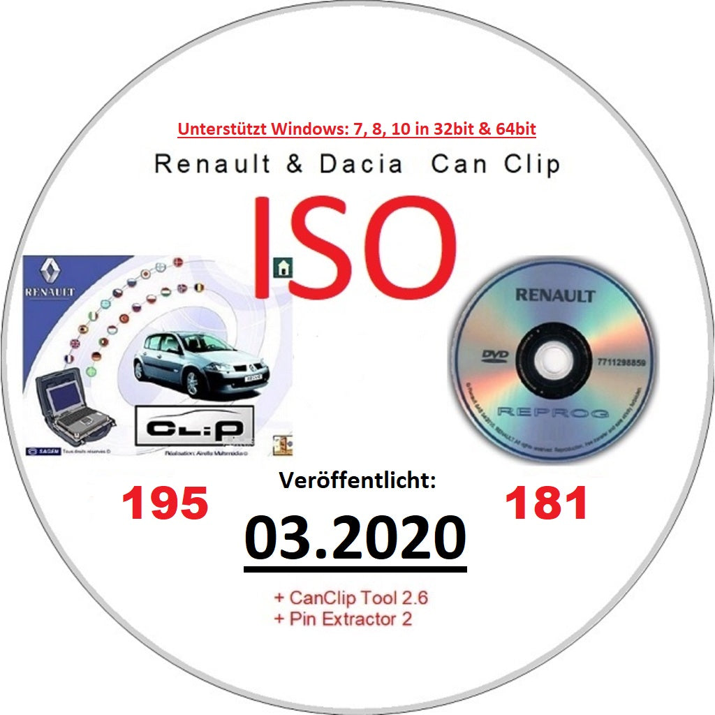 Renault Dacia CanClip 195 + Reprog 181 (03.2020) als ISO zum selber installieren, Mehrsprachig. Läuft auch unter Windows 10 32 & 64bit