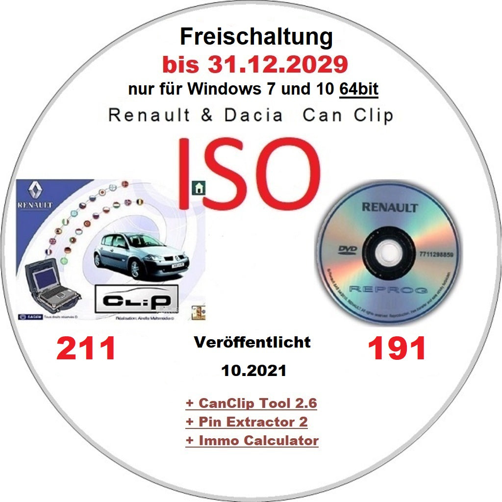 Renault Dacia CanClip 211 + Reprog 191 (10.2021) International, Mehrsprachig frei bis 12.2029 + extra Keygen für längere Freischaltung. Windows 7 und 10 jedoch nur 64bit
