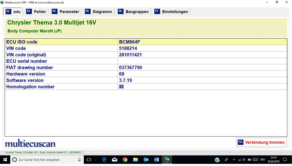 Fiat Multiecuscan 4.2 und 4.6R1 Erscheinungsdatum 03.2020, inclusive Registrierung zur Vollversion, Mehrsprachig , Multiecuscan = Multi-ECU-Scan