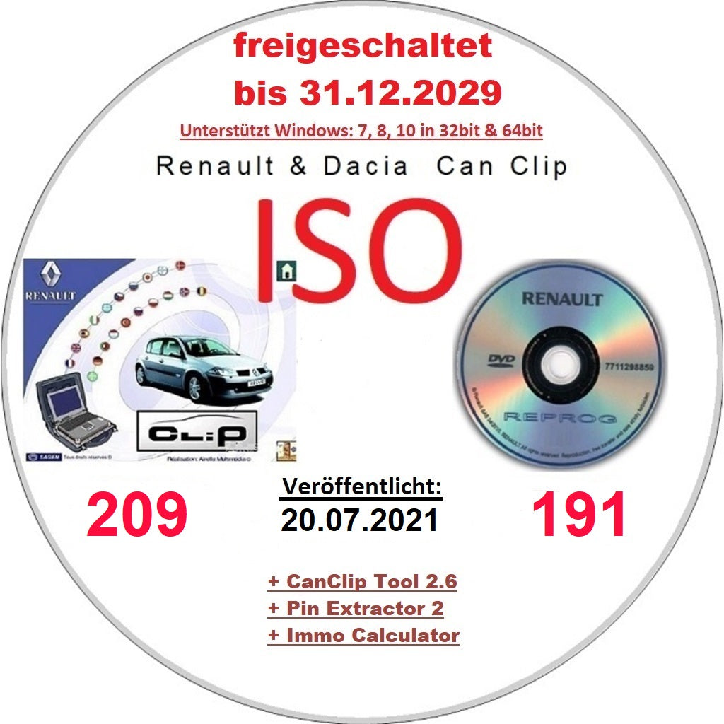 Renault Dacia CanClip 209 + Reprog 191 (07.2021) International, Mehrsprachig frei bis 12.2029 + extra Keygen für längere Freischaltung. Läuft unter allen Windows Systemen ab Win 7