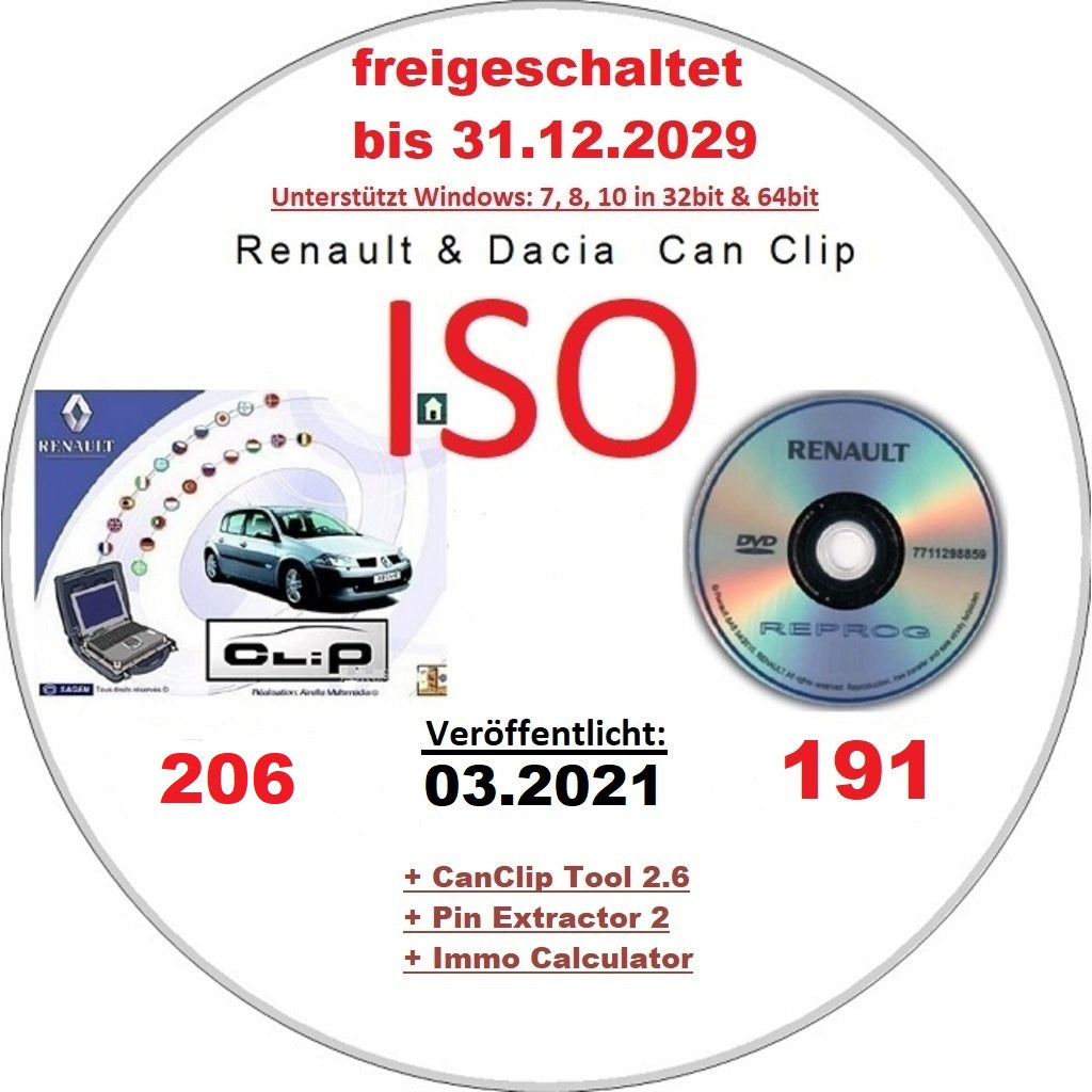 Renault Dacia CanClip 206 + Reprog 191 (03.2021) International, Mehrsprachig frei bis 12.2029 + extra Keygen für längere Freischaltung. Läuft unter allen Windows Systemen ab Win 7
