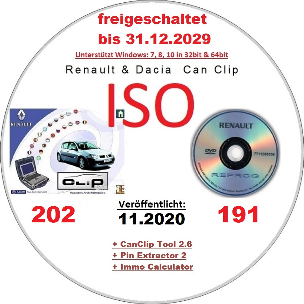 Renault Dacia CanClip 202 + Reprog 191 (11.2020) International, Mehrsprachig frei bis 12.2029 + extra Keygen für längere Freischaltung. Läuft unter allen Windows Systemen ab Win 7